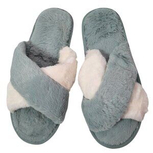 Women's Blue & White Cross-Strap Faux Fur Slide Slippers Size 11